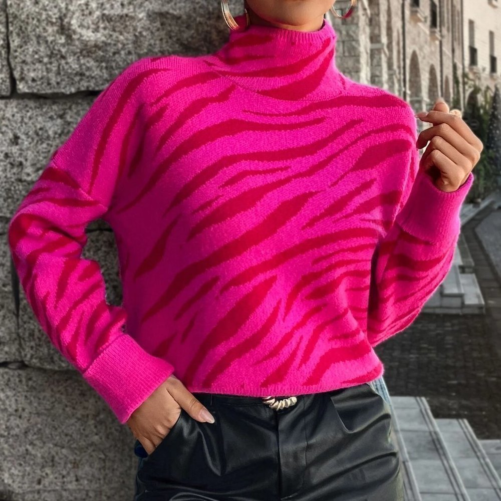 Hot pink Casual Womens Zebra Striped Pattern High Neck Drop Shoulder Sweater - Picture 5 of 5